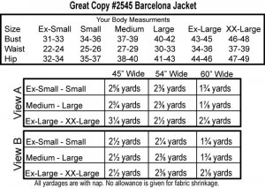 Great Copy #2545 Barcelona Jacket yardage chart