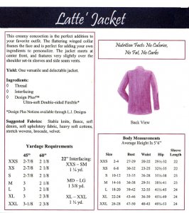 LJ Designs Latte Jacket back view and yardage charts