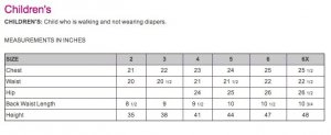 McCall's Costume Pattern - children's size chart