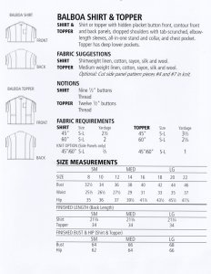 Sewing Workshop - Balboa Shirt & Topper yardage chart