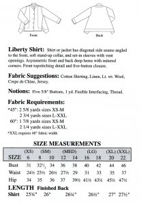 Sewing Workshop Collection Liberty Shirt pattern yardage chart