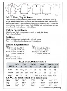 Sewing Workshop MixIt Shirt, Top & Tank pattern yardage chart