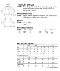 Sewing Workshop pattern - Tremont Jacket , yardage chart