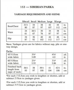 Folkwear Pattern #153 - Siberian Parka, yardage chart