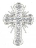 Wholesale Iron-on Applique - Budded Latin Cross with Rays #19698 - Silver Metallic,  3.5" x 2.5", 25 pcs