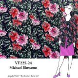 VF225-24 Michael Blossoms - Raspberry and Pomegranate Floral Print on Dark Navy Cotton Jersey Fabric