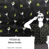 VF234-42 Idiom Drinks - Tipsy Martinis Printed on Black Dull Sateen Organic Cotton Fabric