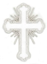 Iron-on Applique - Budded Latin Cross with Rays #19698 - White-Silver Metallic, 3.5" x 2.5"