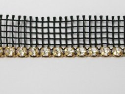 Rhinestone Banding - Black Net Single Row, Gold/Crystal  4mm