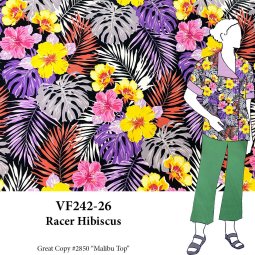 VF242-26 Racer Hibiscus - Yellow + Purple + Coral Floral Stretch Cotton Shirting Fabric