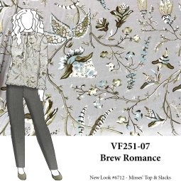 VF251-07 Brew Romance - Muted Tones on Gray Rayon Crepe Georgette Fabric