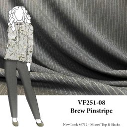 VF251-08 Brew Pinstripe - Gray Worsted Wool Suiting Fabric with Ivory Pinstripes