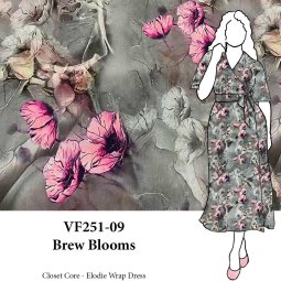VF251-09 Brew Blooms - Dynamic Fuchsia and Gray Floral Print on Rayon Linen-weave Fabric