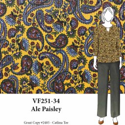 VF251-34 Ale Paisley - Green and Brown Design on Gold Polyester-Spandex Ribbed Knit Fabric