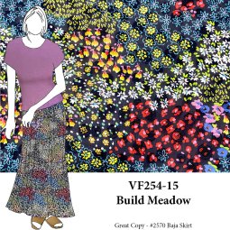 VF254-15 Build Meadow - Colorful Floral Poly Chiffon Fabric with Satin Dots on Dark Navy