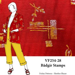VF254-28 Bâdgir Stamps - Red Barkcloth with Gold and White Stamp on Linen Blend Fabric