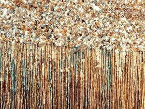 Cabaret Sequin Fabric - Stretch Mesh with Gold Sequins and Fringe