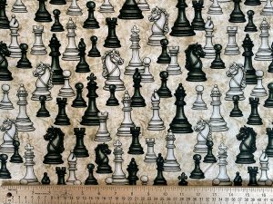 Quilting Cotton Print Fabric - Checkmate Chess Pieces Tan