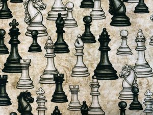 Quilting Cotton Print Fabric - Checkmate Chess Pieces Tan