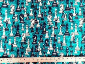 Quilting Cotton Print Fabric - Checkmate Chess Pieces Blue