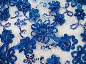 Envy Sequin Netting-Ribbon Embroidered Tulle - Royal