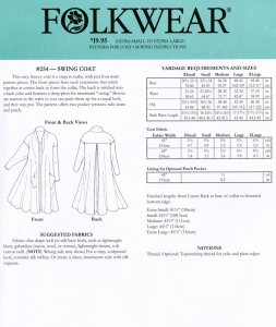 Folkwear #254 - Swing Coat pattern, yardage chart