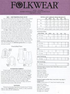 Folkwear #268 Metropolitan Suit yardage chart