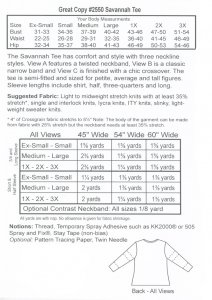 Great Copy Pattern #2550 - Savannah Tee, yardage chart