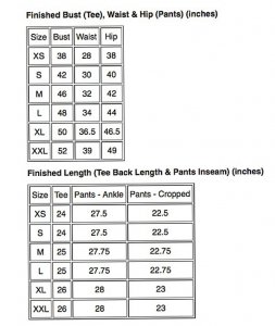 Sewing Workshop Helix Tee & Pants size chart