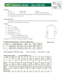 LJ Designs Nantucket Jacket pattern yardage chart