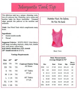 LJ Designs Margarita Tank Top back view and yardage charts