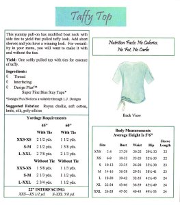 LJ Designs Taffy Top back view and yardage charts