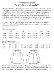 Saf-T-Pockets Cheri's Reversible Jacket #2013 pattern yardage chart