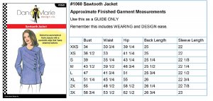 Dana Marie Sewing Pattern #1060 - Sawtooth Jacket - finished measurements