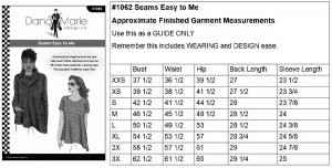 Dana Marie Sewing Pattern #1062 - Seams Easy To Me Top - finished measurements