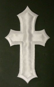 Wholesale Iron-on Applique - Large Satin Cross #511380  - White, 5" x 2.875", 25pcs