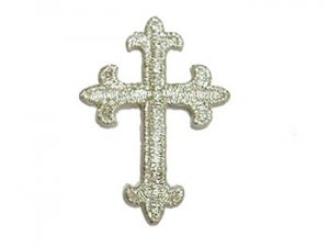 Wholesale Iron-on Applique - Fleury Latin Cross #17864 - Silver Metallic, 1.875" x 1.375", 25pcs
