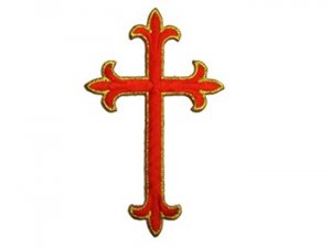 Iron-on Applique - Fleury Latin Cross #3051 - Red-Gold Metallic, 4.5" x 2.75"