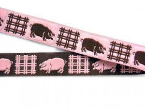 Designer Ribbons- Les Animaux Pink/Brown Piggies 5/8"