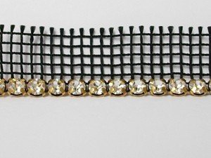 Rhinestone Banding - Black Net Single Row, Gold/Crystal  4mm