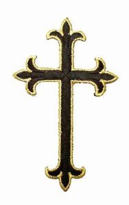 Wholesale Iron-on Applique - Fleury Latin Cross #3051 - Black-Gold, 4.5" x 2.75", 25 pcs