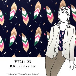 VF214-23 B.K. Blue Feather - Colorful Feathers on Dark Navy Polyester Crepe de Chine Fabric