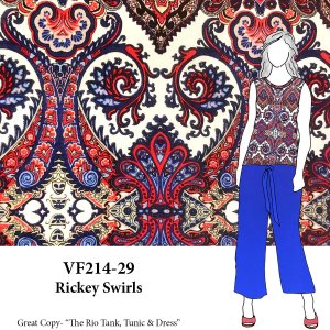 VF214-29 Rickey Swirls Red-White-Blue Paisley on White Rayon Jersey Knit Fabric