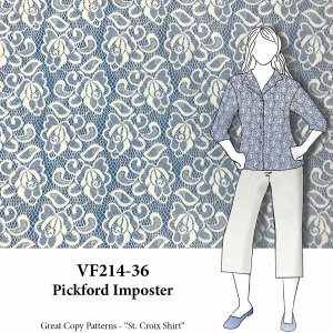 VF214-36 Pickford Imposter - Cream Lace Print on Blue Cotton Chambray Fabric
