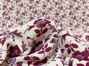 VF215-12 Spa Blossoms - Ivory Bubble Crepe Georgette Fabric Printed with Burgundy Flowers