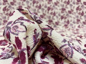 VF215-12 Spa Blossoms - Ivory Bubble Crepe Georgette Fabric Printed with Burgundy Flowers