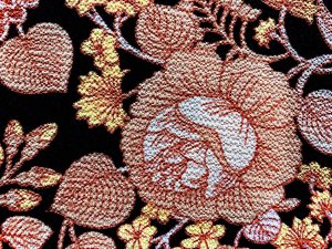 VF215-31 Pliny Blossoms - Pale Coral Floral Print on  Black Bubble Crepe Georgette Fabric