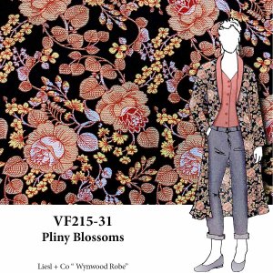 VF215-31 Pliny Blossoms - Pale Coral Floral Print on  Black Bubble Crepe Georgette Fabric