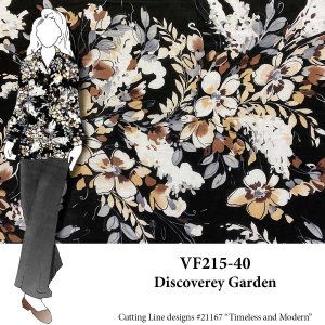 VF215-40 Discovery Garden - Tan and Grey Floral Print on  Black Cotton Lawn Fabric