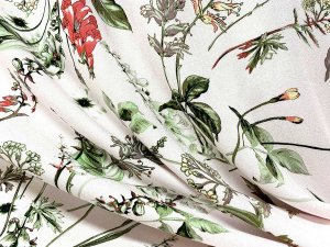 VF222-27 Rare Sprigs - Pale Carrot and Yellow Flowers with Taupe Sprig Accents on Rayon Crepe Fabric